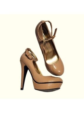Michael Antonio Patent Leather Ankle Strap Platform Stiletto Heel Pump Beige 8